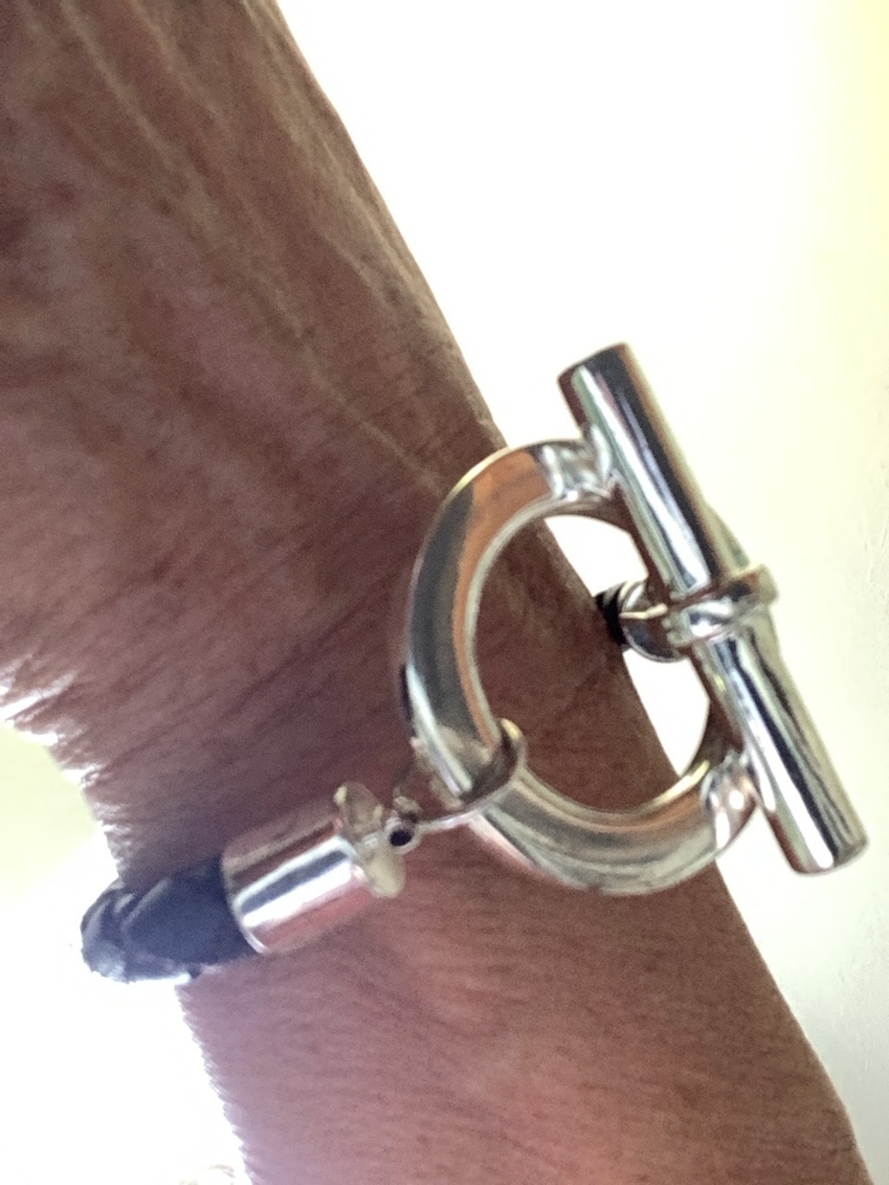 Ralph Lauren Braided Black Leather Bracelet with Silver-Tone Toggle. Unisex